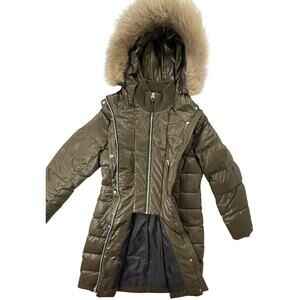 ANDREW MARC NEW YORK Sz M Down Faux Fur Trim Hood Puffer Parka Coat Green